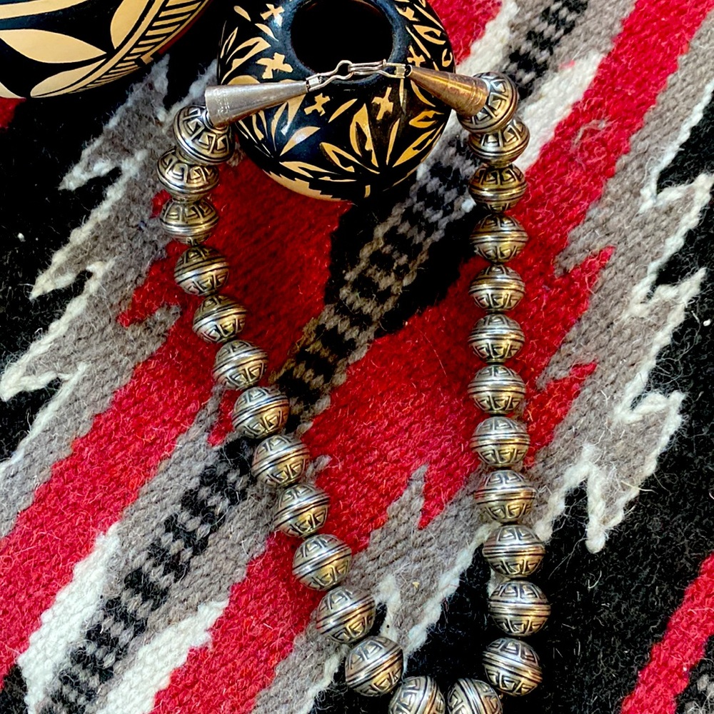 Beautiful stamped Navajo silver pearl necklace